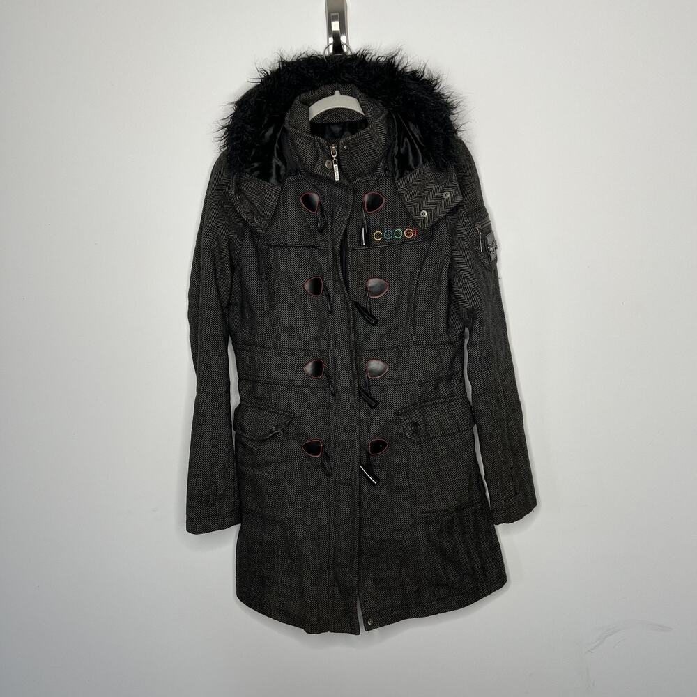Coogi Jacket Womens Medium Gray Herringbone Hooded Toggle Coat Faux Fur Trim